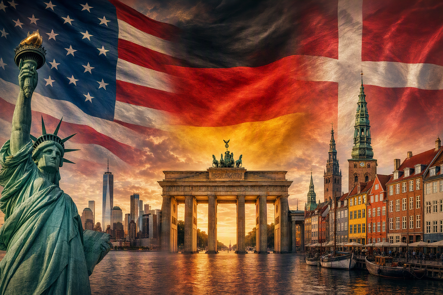 Image showing the Statue of Liberty (New York), Brandenburger Tor (Berlin) and Nyhavn (Copenhagen) in a golden light with the three countries respective flags waving above the buildings to illustrate the three cultures I would like to merge and exchange experiences across.